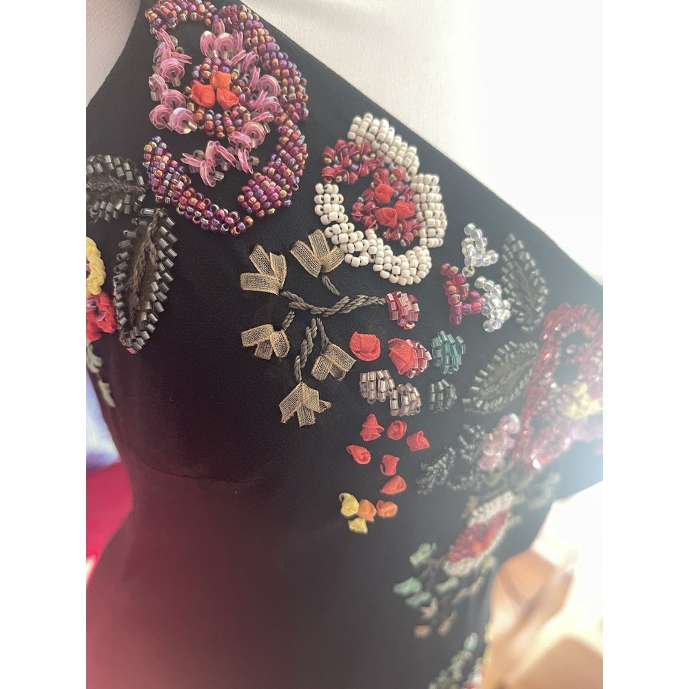 Vintage Y2K 100% Silk beaded Black Floral Evening Gown Midi -Sue Wong- 12 - Picture 13 of 16